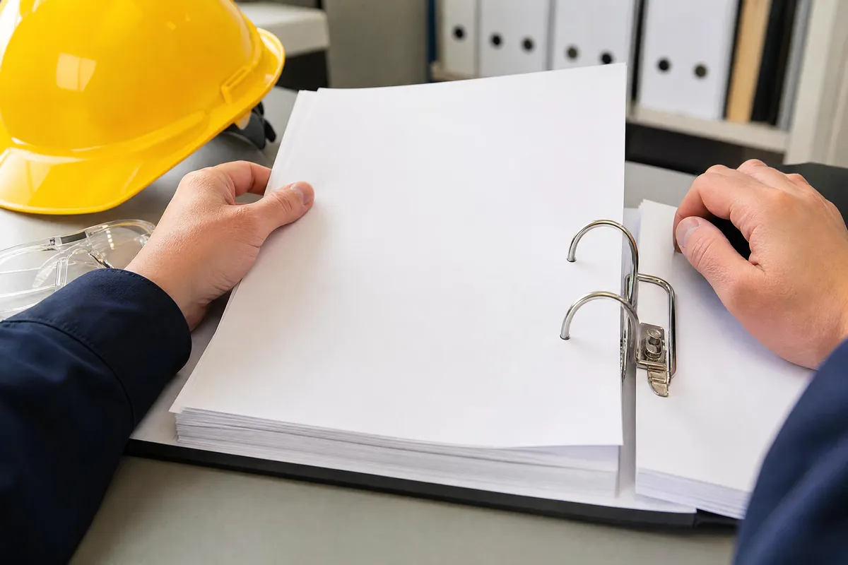 Classeur de documents d'évaluation des risques ouvert sur un bureau, casque et lunettes de sécurité posés à côté.