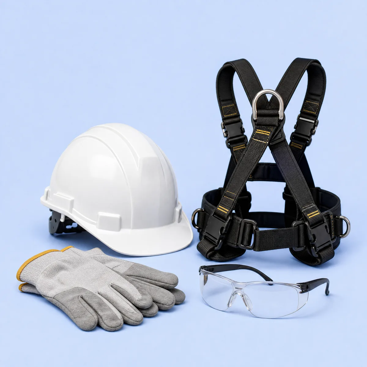 Équipements de protection individuelle : casque blanc, gants, harnais antichute et lunettes de sécurité.