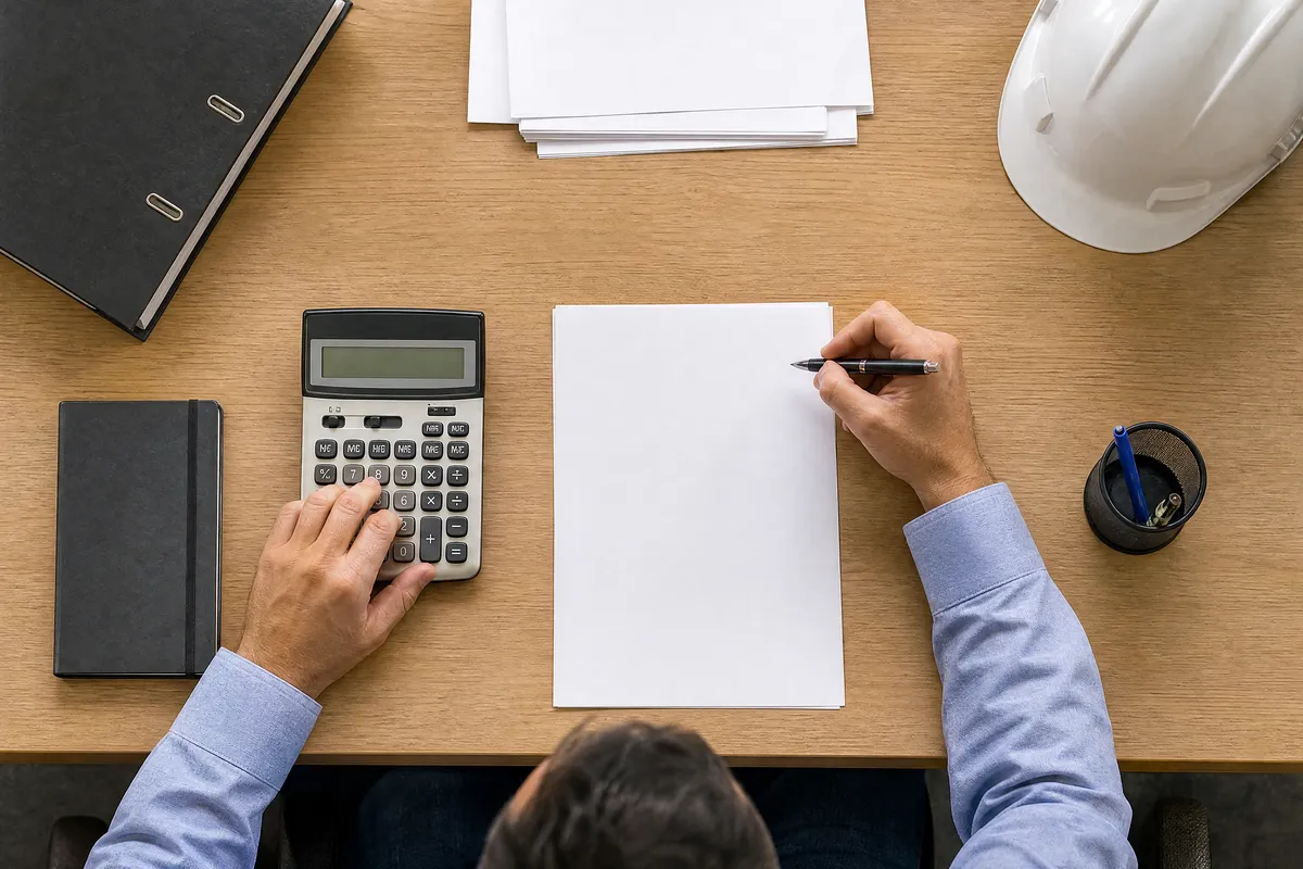 Bureau avec calculatrice, documents de facturation et casque de chantier posé au coin du plan de travail.