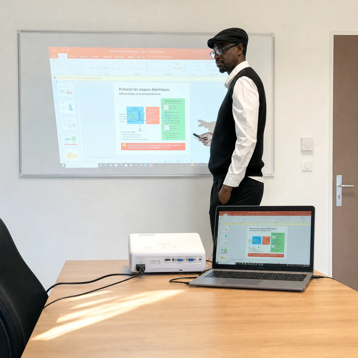 Session de formation à la prévention du risque électrique, diaporama projeté au mur d'une salle de réunion.