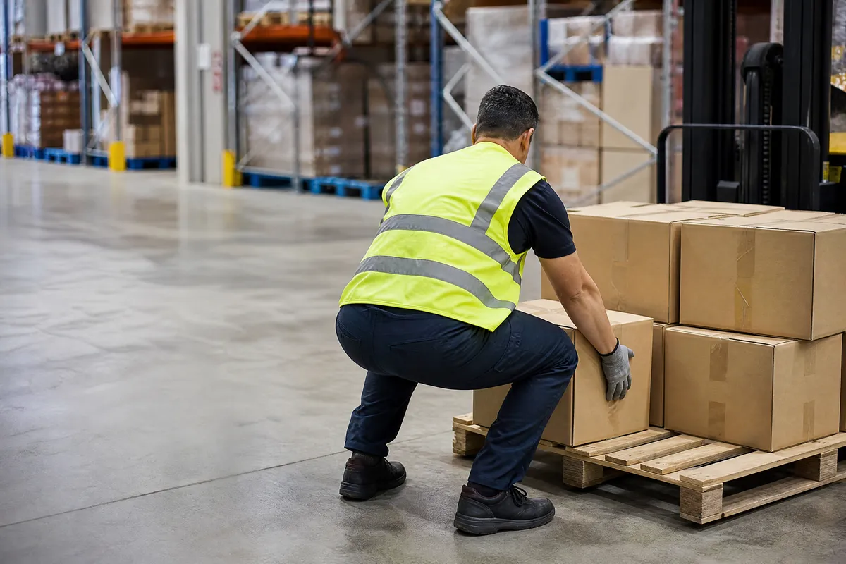 Manutentionnaire en gilet haute visibilité soulevant un carton dos droit et genoux fléchis dans un entrepôt.