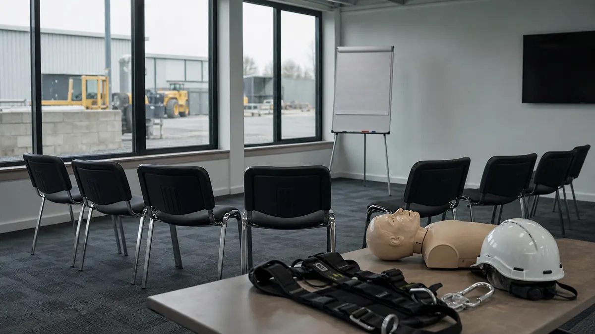 Salle de réunion d'entreprise préparée pour une session de formation : chaises en demi-cercle face à un paperboard, matériel pédagogique posé sur une table.