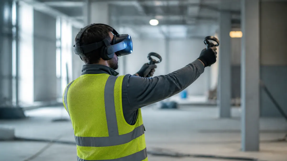 Personne en gilet haute visibilité portant un casque de réalité virtuelle et deux manettes, dans un espace industriel.